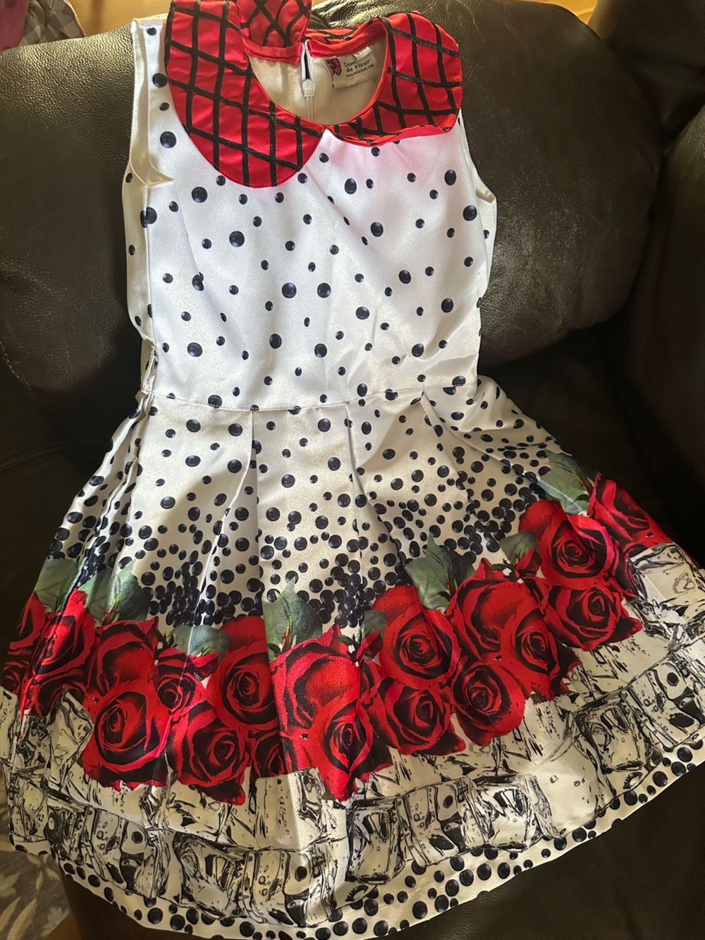 Girls White Polka Dot Dress with Red Rose Print and Peter Pan Collar